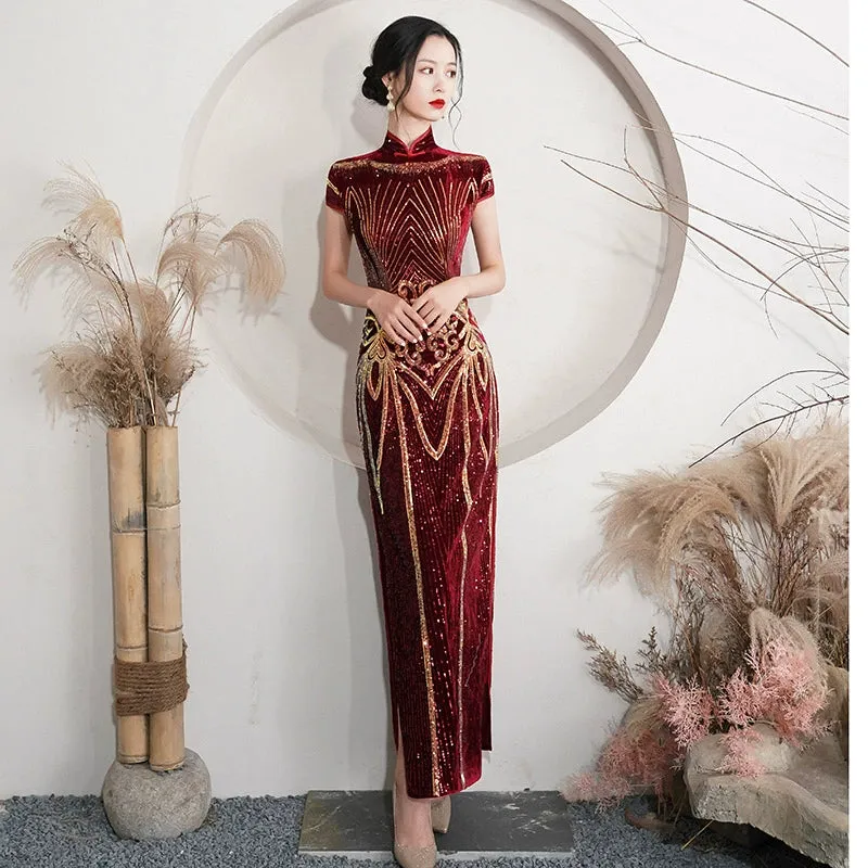 Floral pattern, long jacquard silk-satin cheongsam