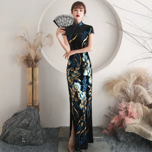 Floral pattern, long jacquard silk-satin cheongsam