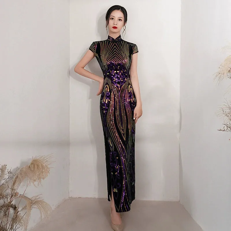 Floral pattern, long jacquard silk-satin cheongsam