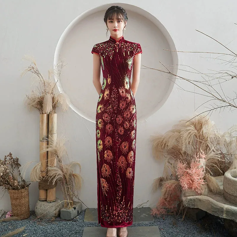 Floral pattern, long jacquard silk-satin cheongsam