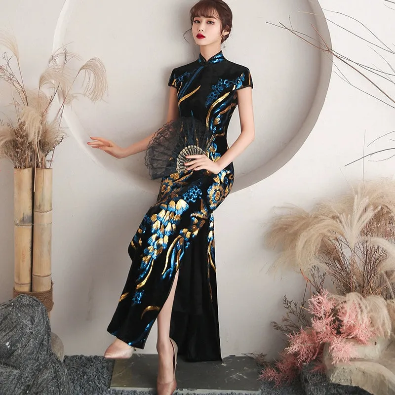 Floral pattern, long jacquard silk-satin cheongsam