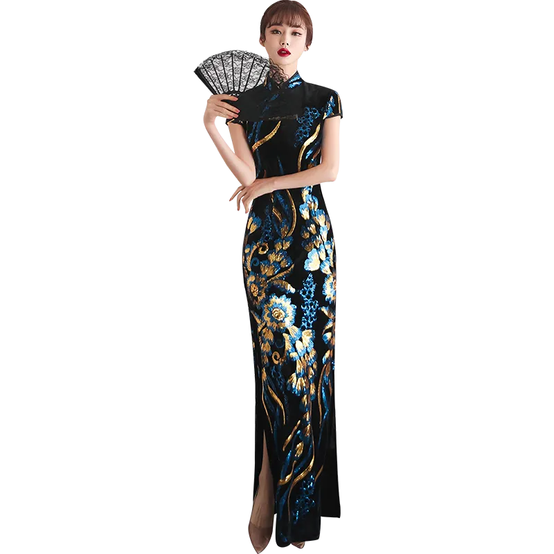 Floral pattern, long jacquard silk-satin cheongsam