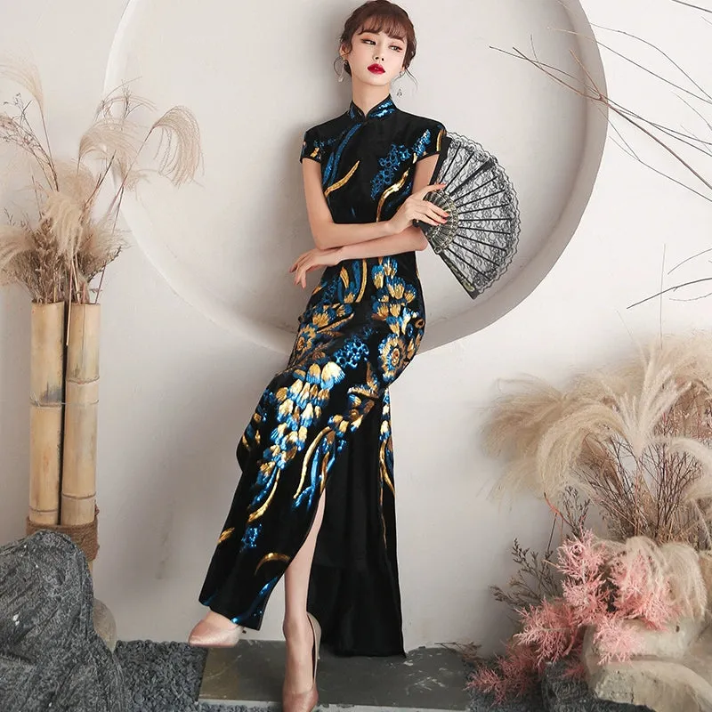 Floral pattern, long jacquard silk-satin cheongsam