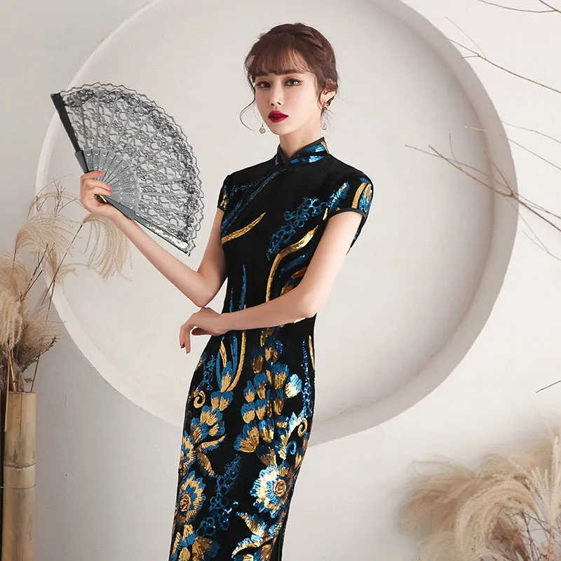 Floral pattern, long jacquard silk-satin cheongsam