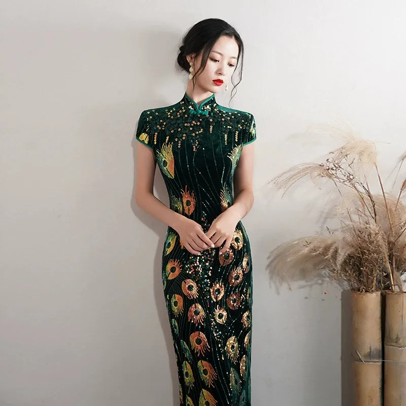 Floral pattern, long jacquard silk-satin cheongsam