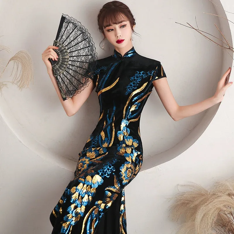 Floral pattern, long jacquard silk-satin cheongsam