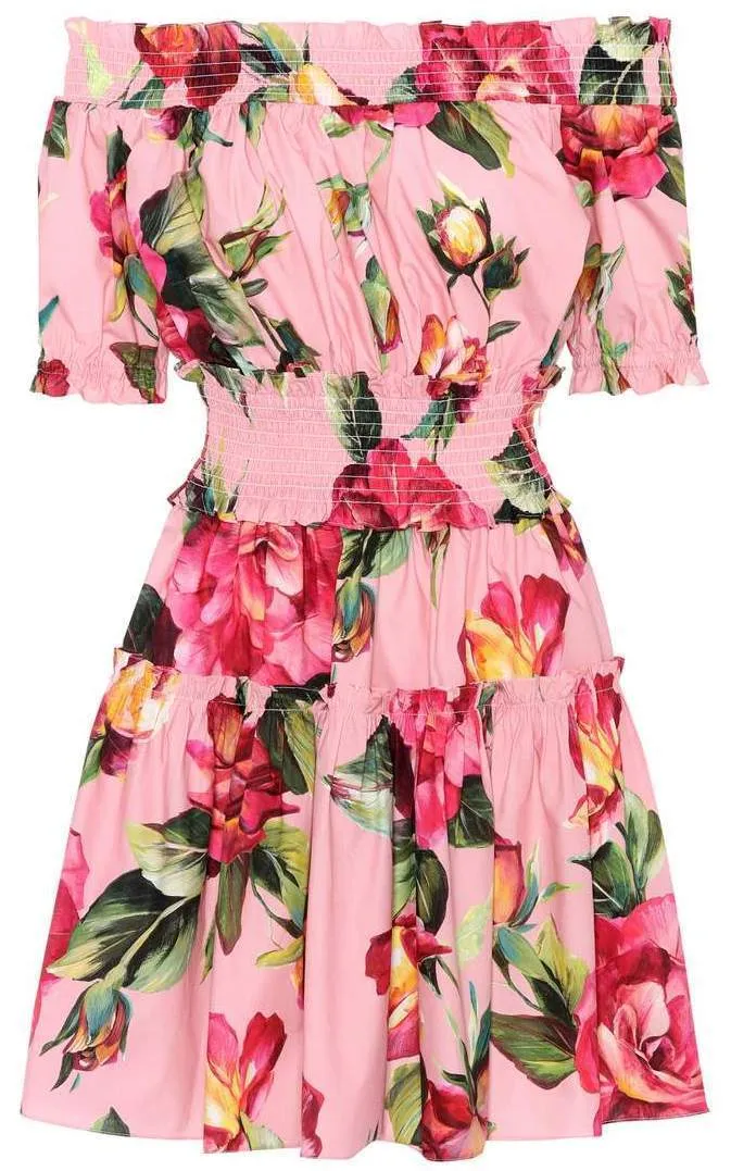 Floral Printed Off-the-Shoulder Cotton Dress