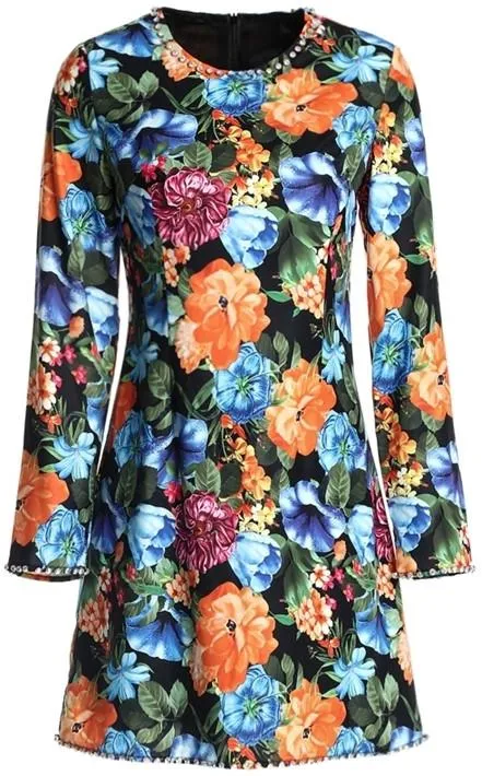 Floral Printed Rhinestone-Trimmed Long-Sleeved Mini Dress