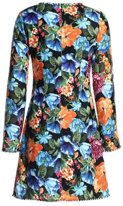Floral Printed Rhinestone-Trimmed Long-Sleeved Mini Dress