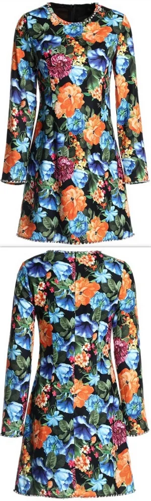 Floral Printed Rhinestone-Trimmed Long-Sleeved Mini Dress