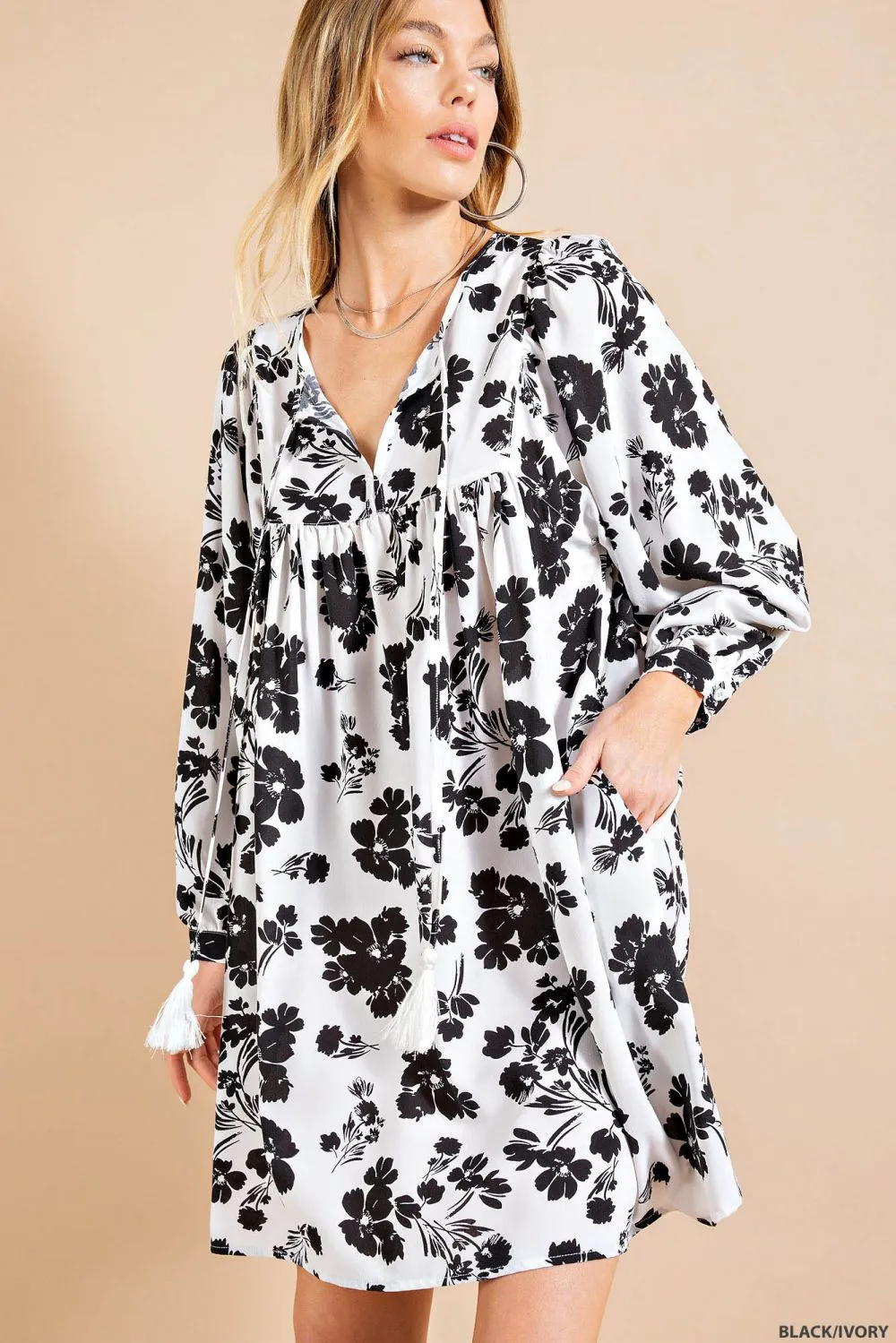 FLOWER PRIONT EMPIRE WAIS LONG SLEEVE DRESS