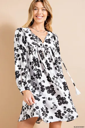 FLOWER PRIONT EMPIRE WAIS LONG SLEEVE DRESS