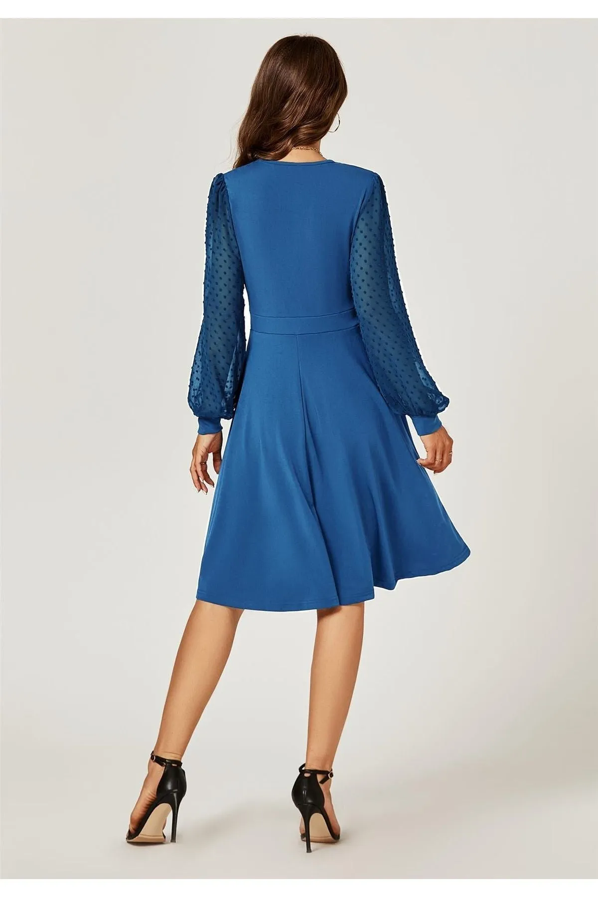 FS Collection Long Chiffon Sleeve Pleated Midi Dress In Blue