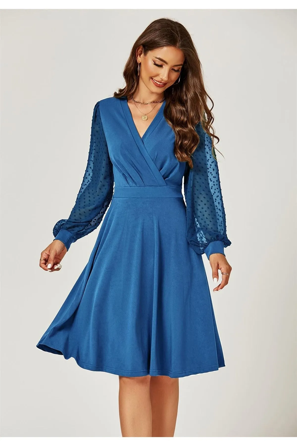 FS Collection Long Chiffon Sleeve Pleated Midi Dress In Blue