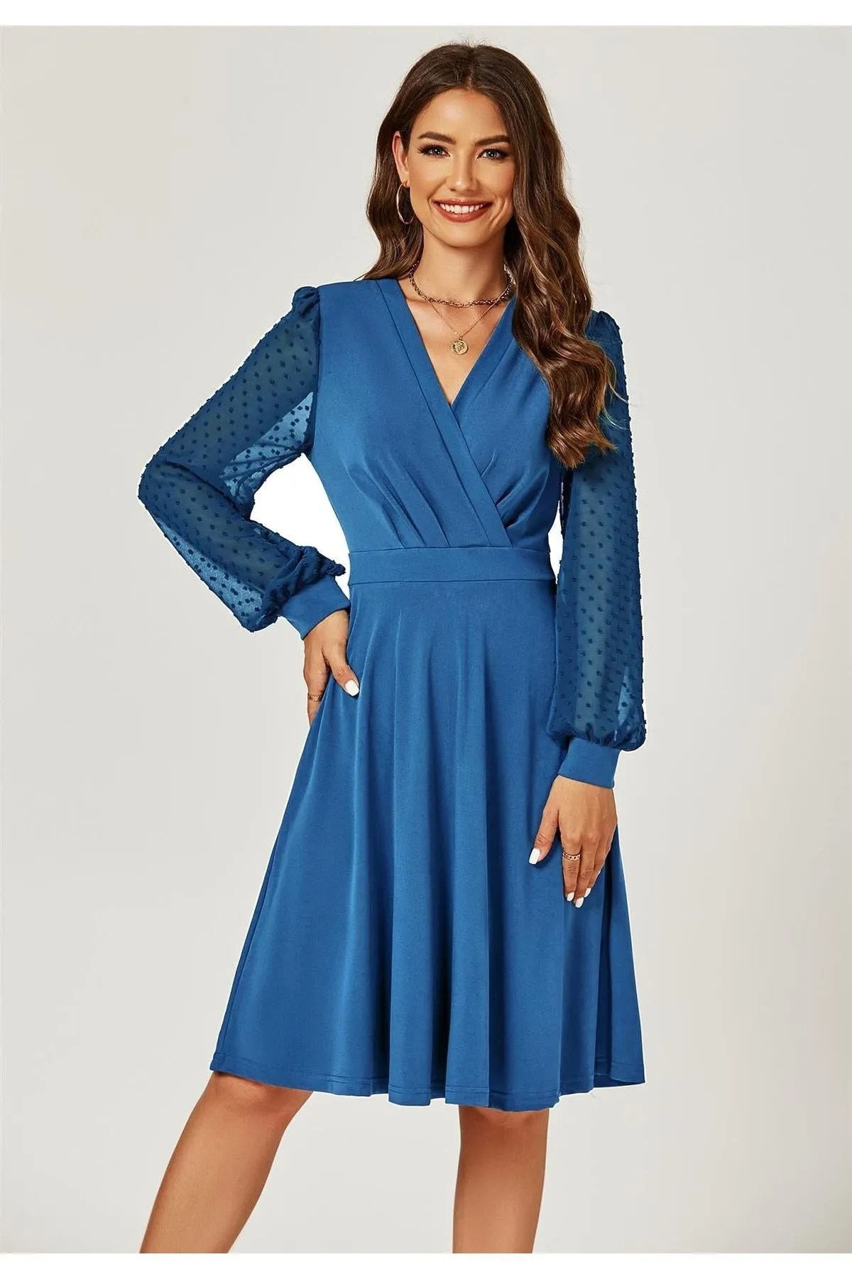 FS Collection Long Chiffon Sleeve Pleated Midi Dress In Blue