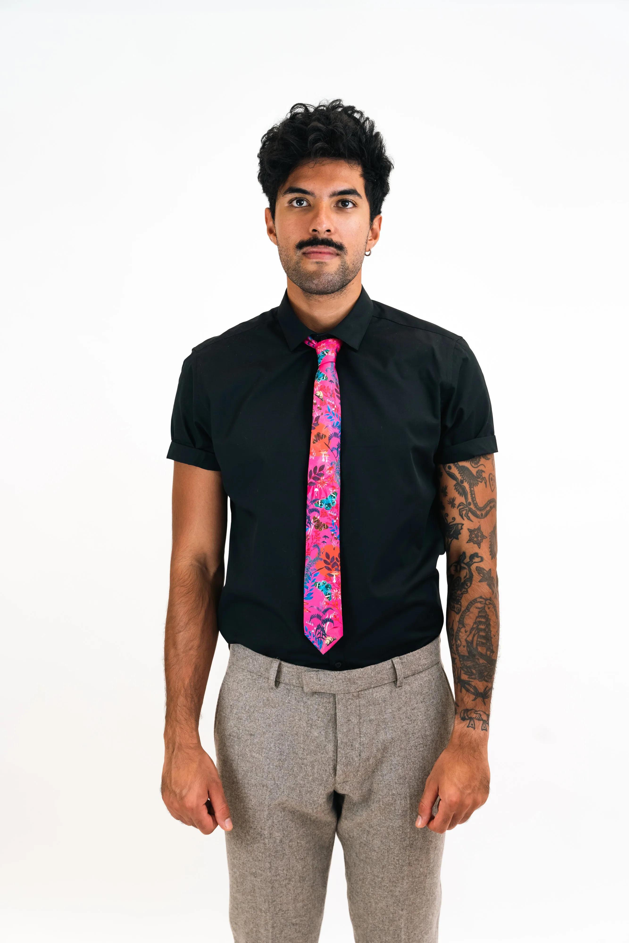 Fuchsia Pink Silk Tie with butterfly and floral pattern 'Nectar' Men's Luxury Silk necktie