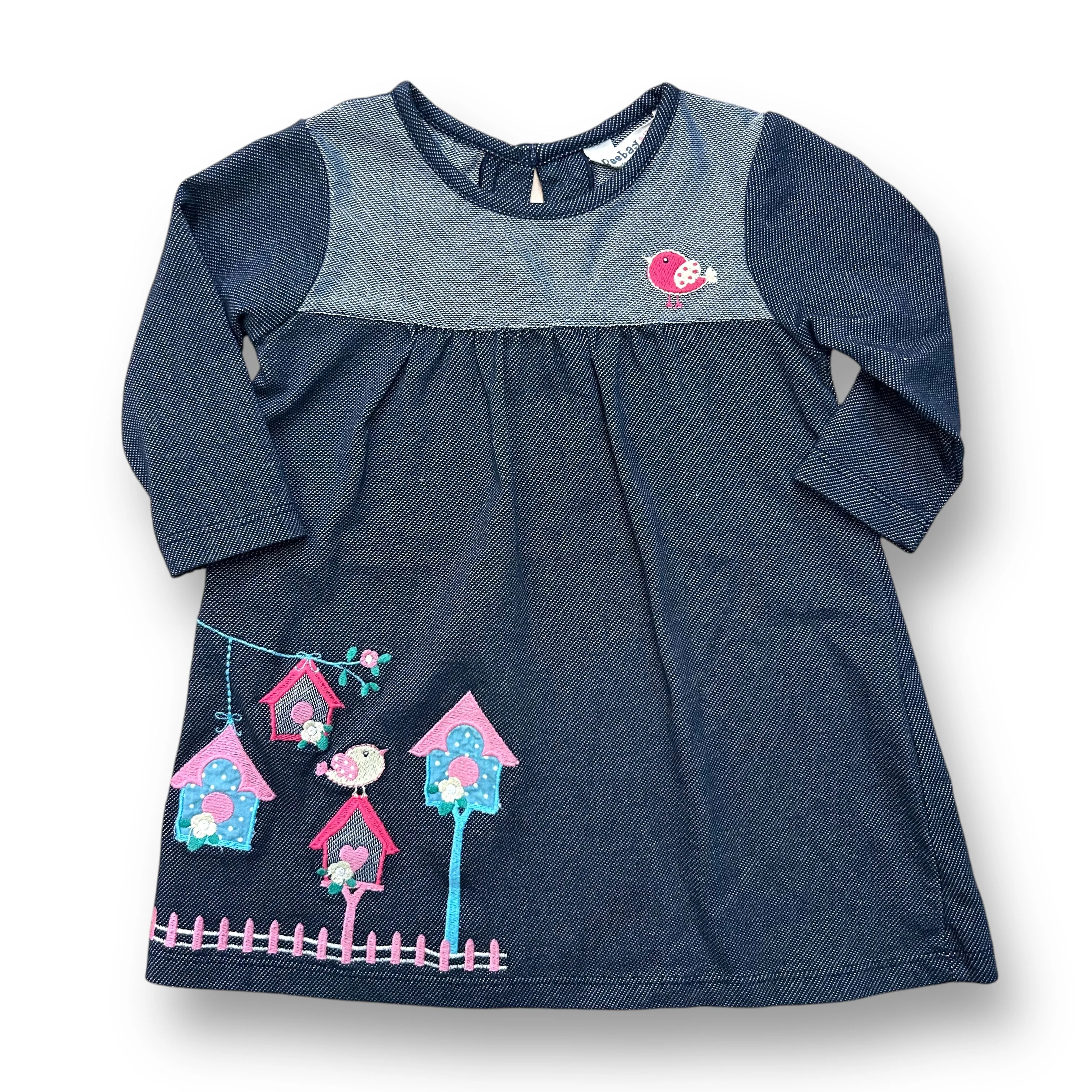 Girls Beebay Size 9-12 Months Dark Blue Birdie Embroidered Long Sleeve Dress