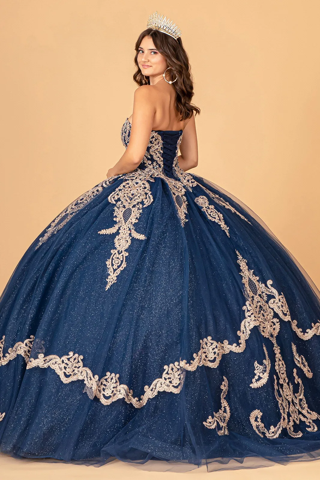 Glitter Jewel Embellished w/ Long Mesh Cape Quinceanera Dress GLGL3078