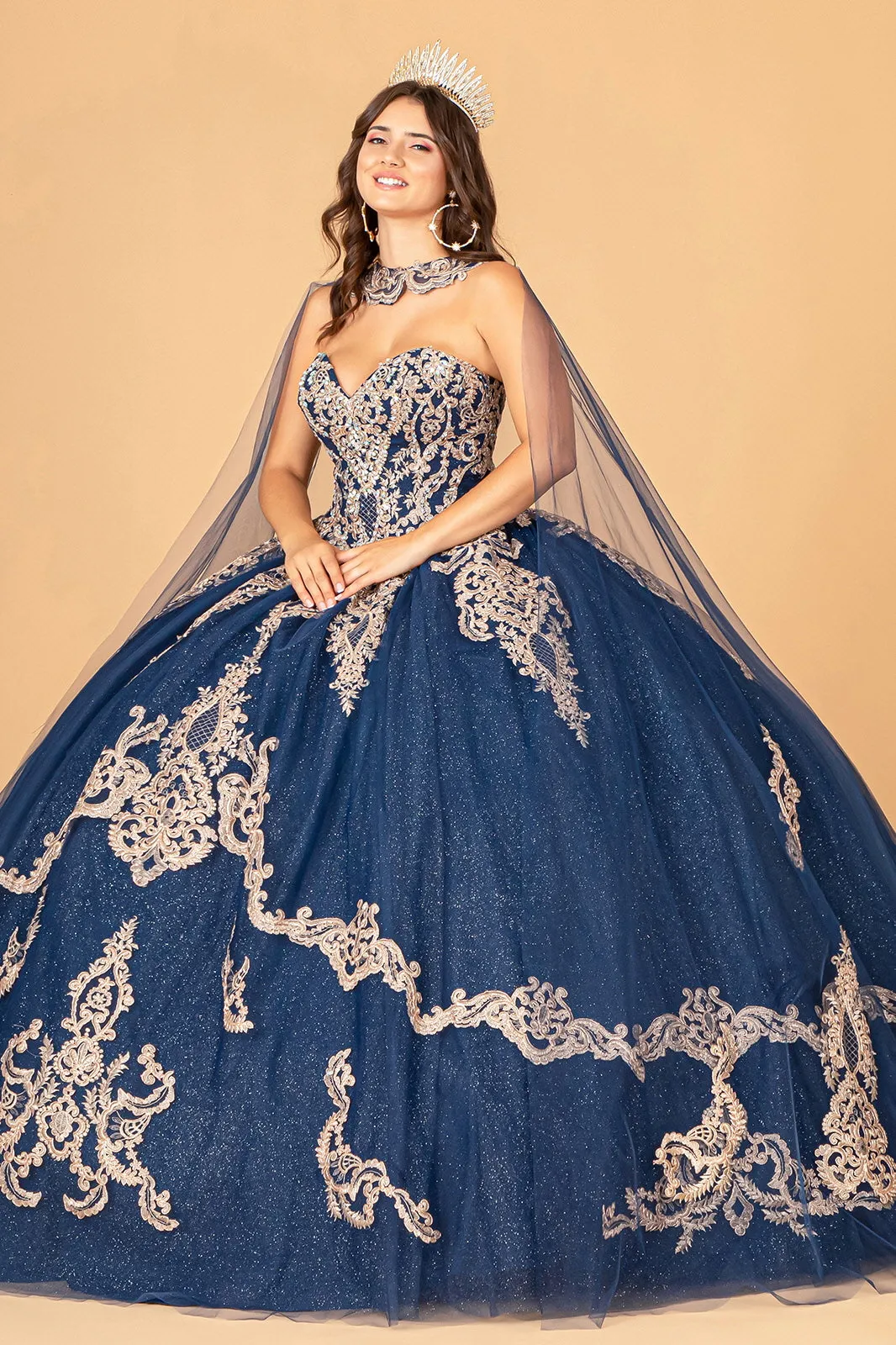 Glitter Jewel Embellished w/ Long Mesh Cape Quinceanera Dress GLGL3078