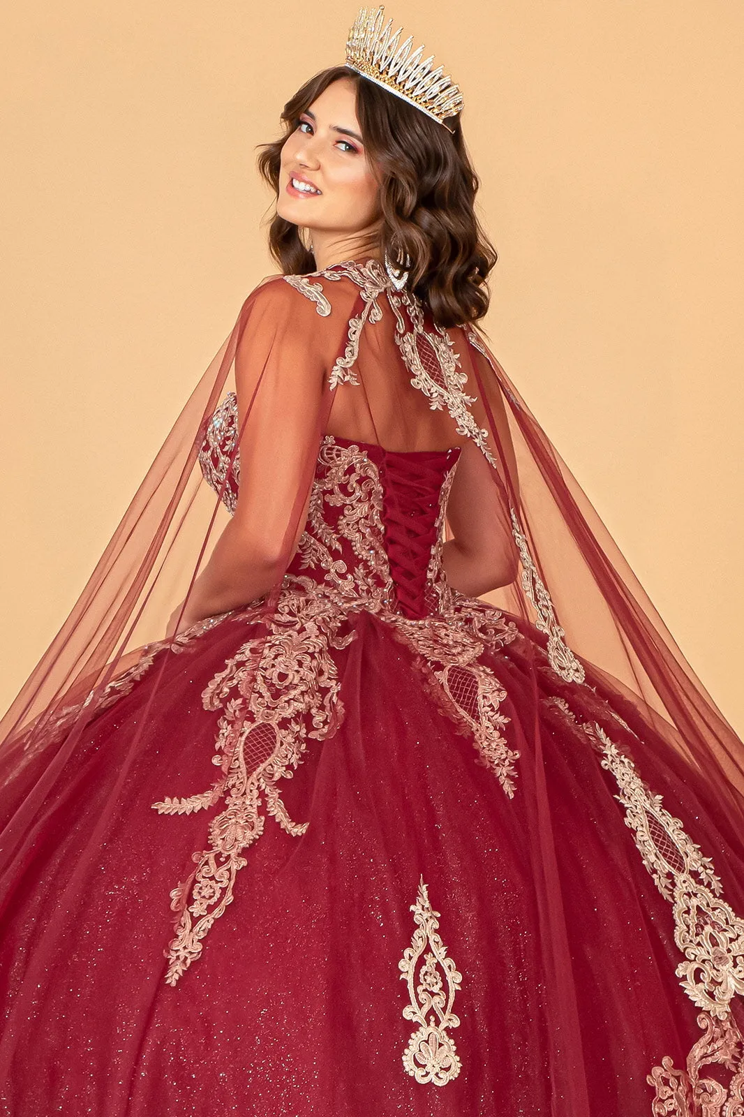 Glitter Jewel Embellished w/ Long Mesh Cape Quinceanera Dress GLGL3078