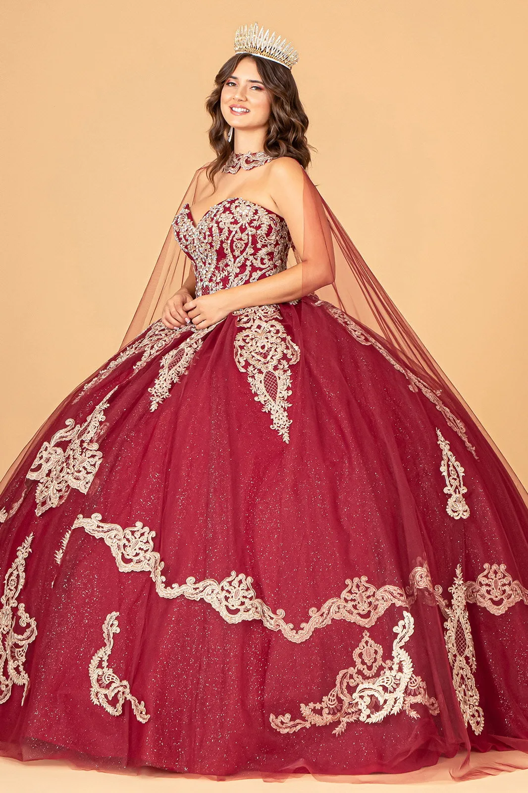 Glitter Jewel Embellished w/ Long Mesh Cape Quinceanera Dress GLGL3078