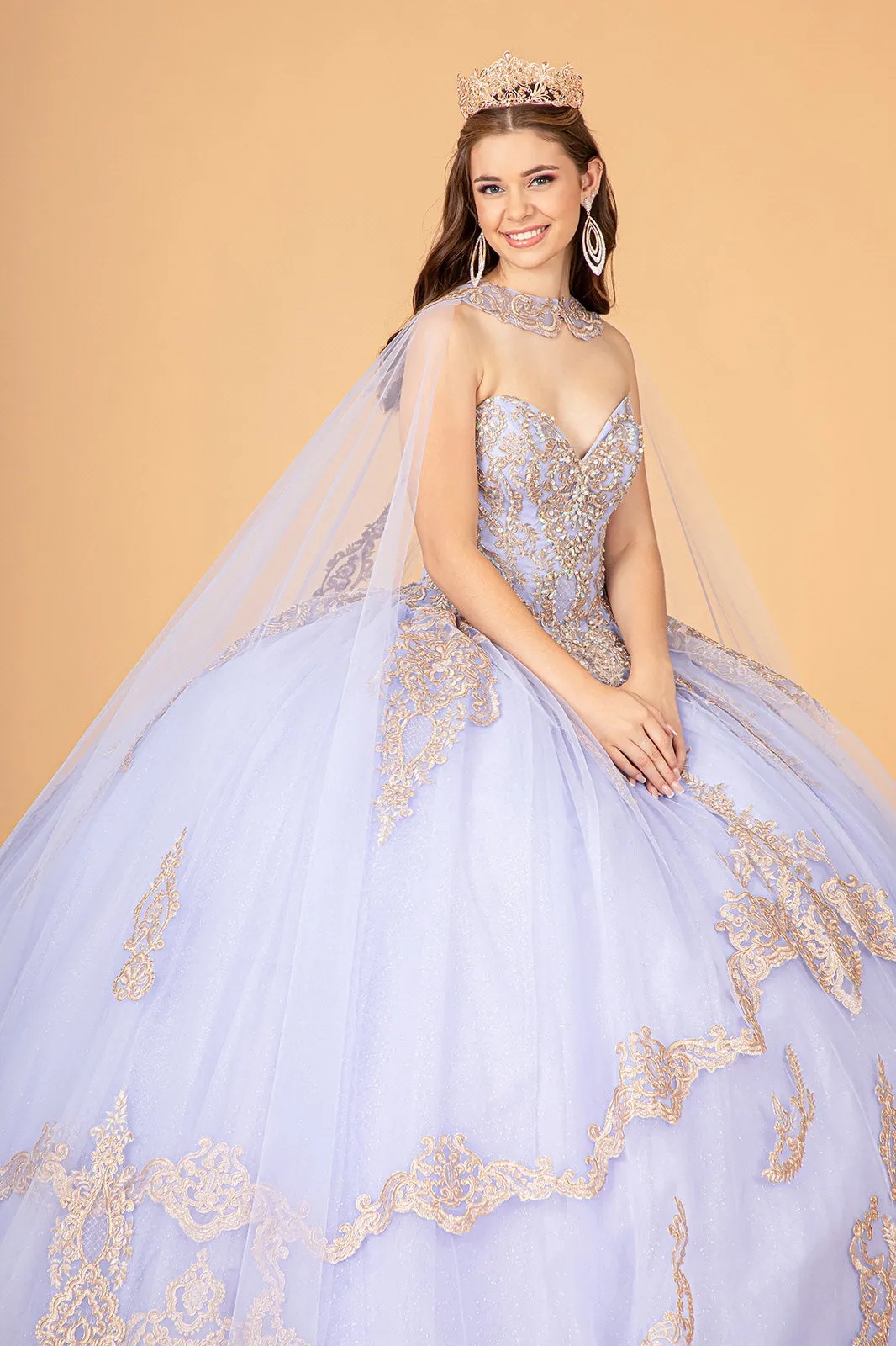 Glitter Jewel Embellished w/ Long Mesh Cape Quinceanera Dress GLGL3078