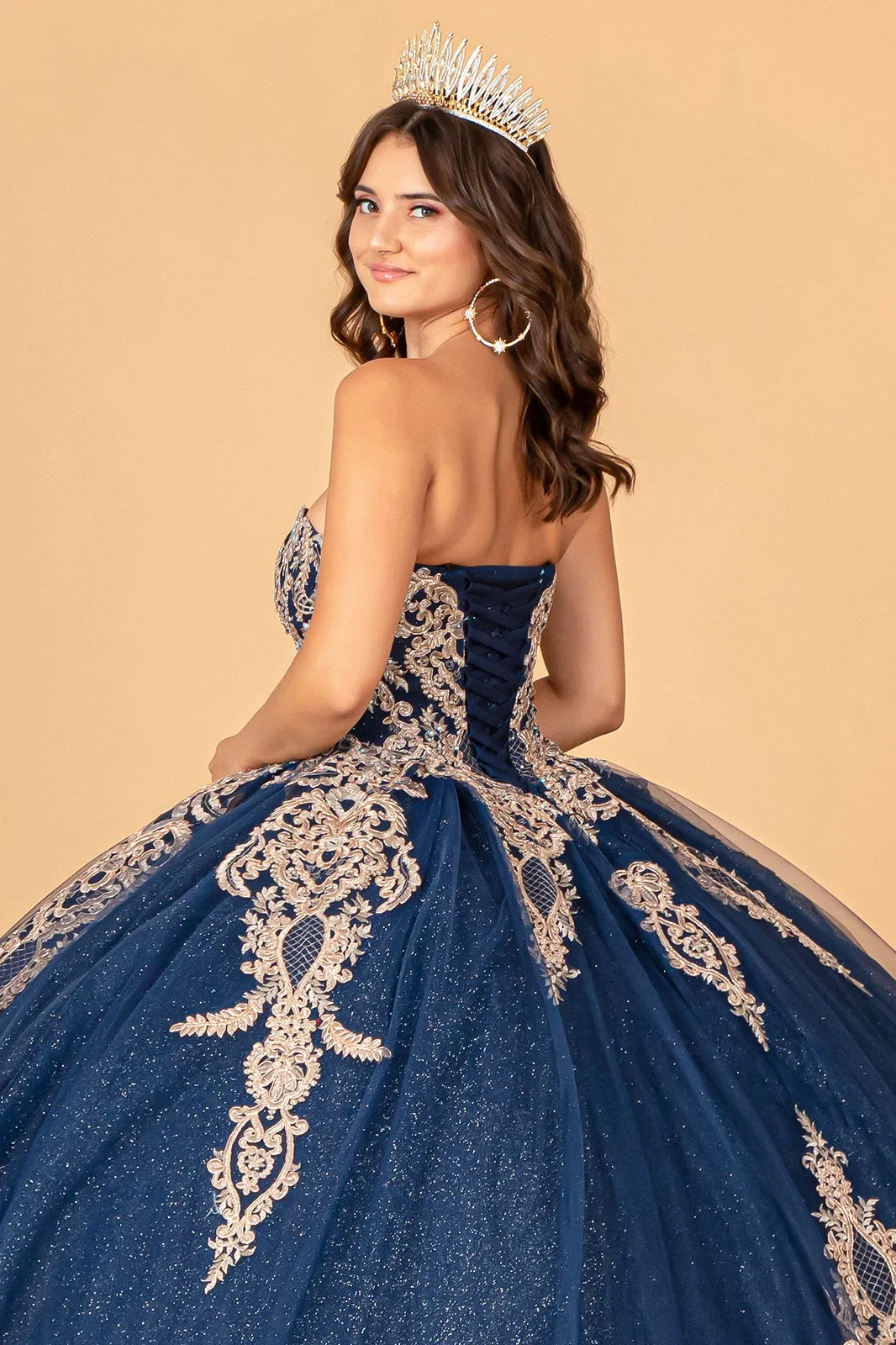 Glitter Jewel Embellished w/ Long Mesh Cape Quinceanera Dress GLGL3078
