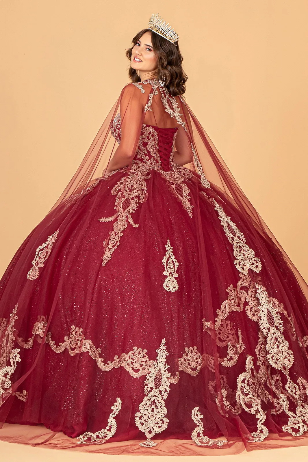 Glitter Jewel Embellished w/ Long Mesh Cape Quinceanera Dress GLGL3078