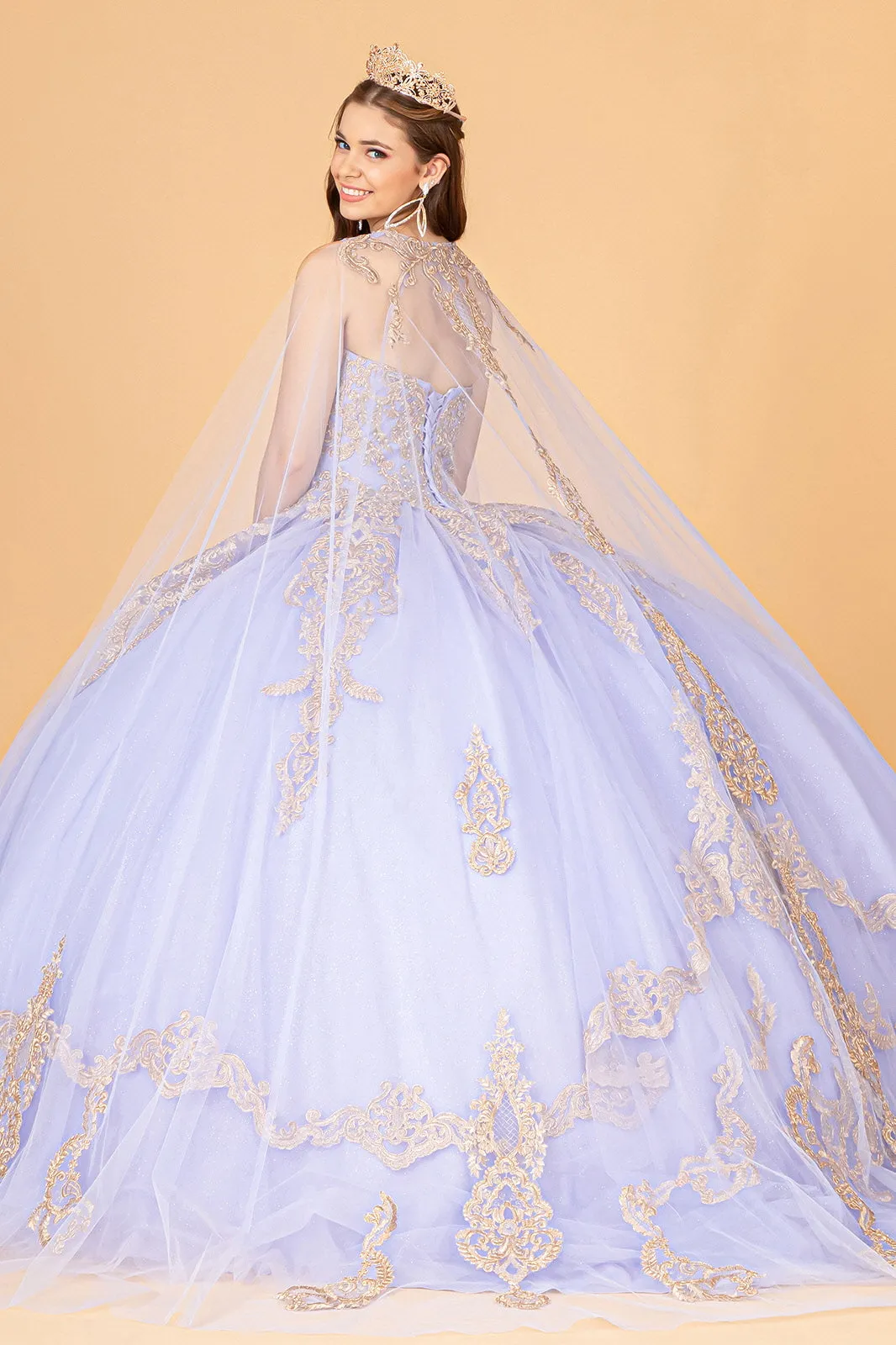 Glitter Jewel Embellished w/ Long Mesh Cape Quinceanera Dress GLGL3078
