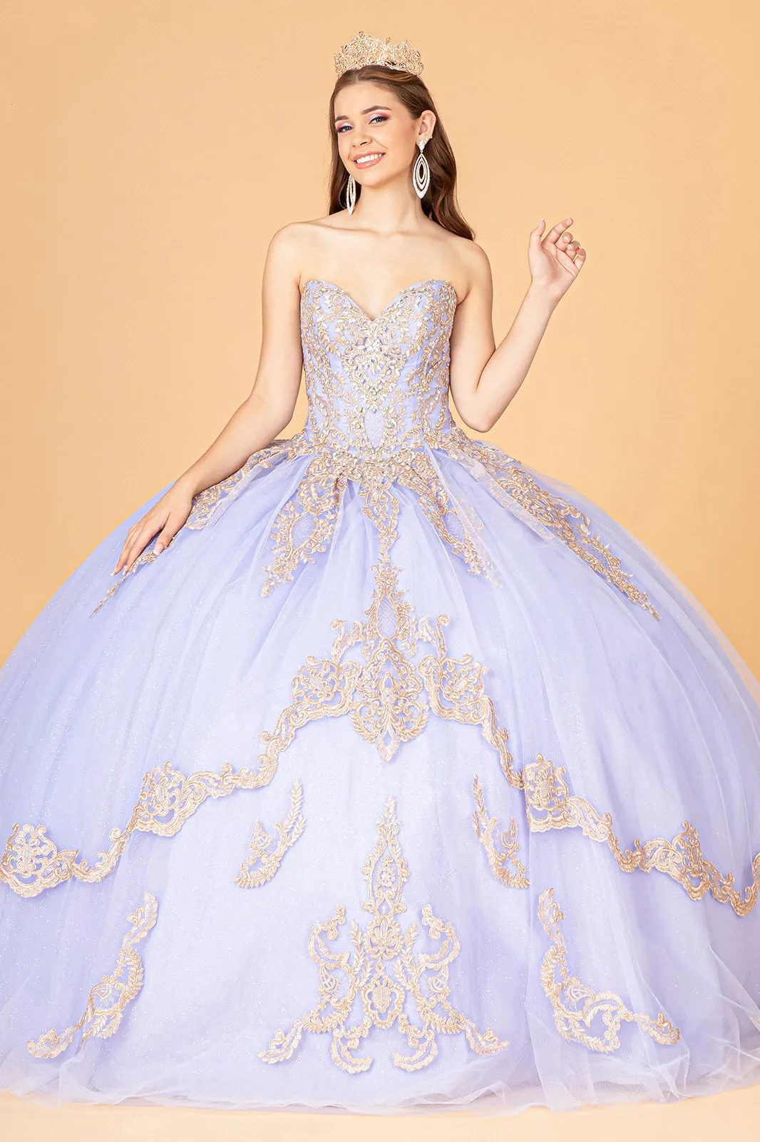 Glitter Jewel Embellished w/ Long Mesh Cape Quinceanera Dress GLGL3078