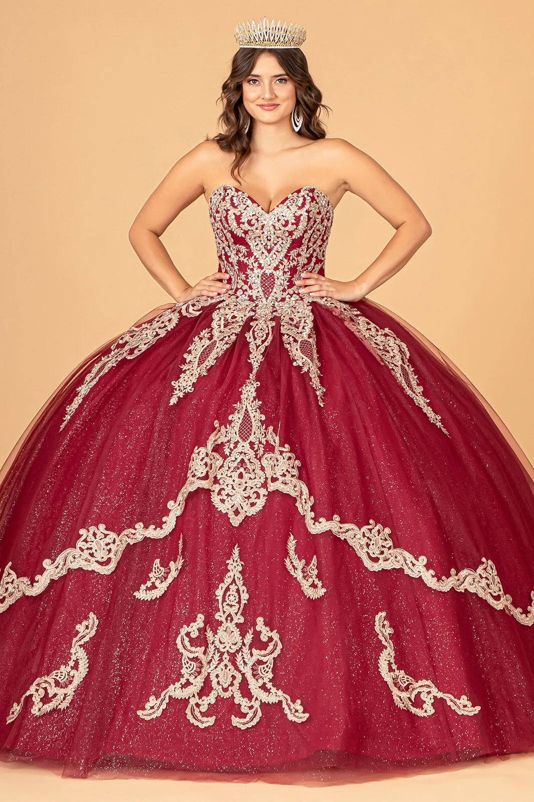 Glitter Jewel Embellished w/ Long Mesh Cape Quinceanera Dress GLGL3078