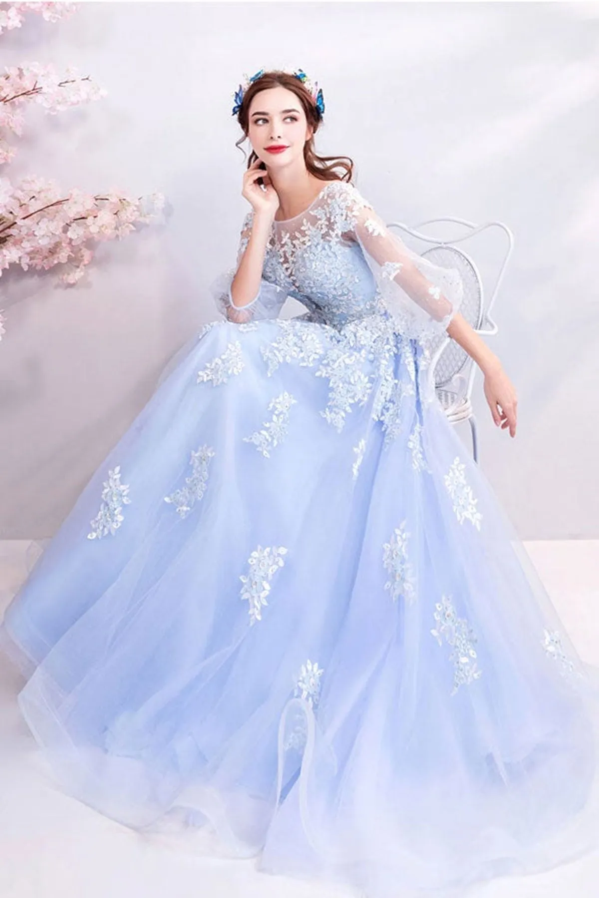 Half Sleeves Light Blue Lace Long Prom Dresses, Light Blue Tulle Lace Formal Dresses, Light Blue Evening Dresses