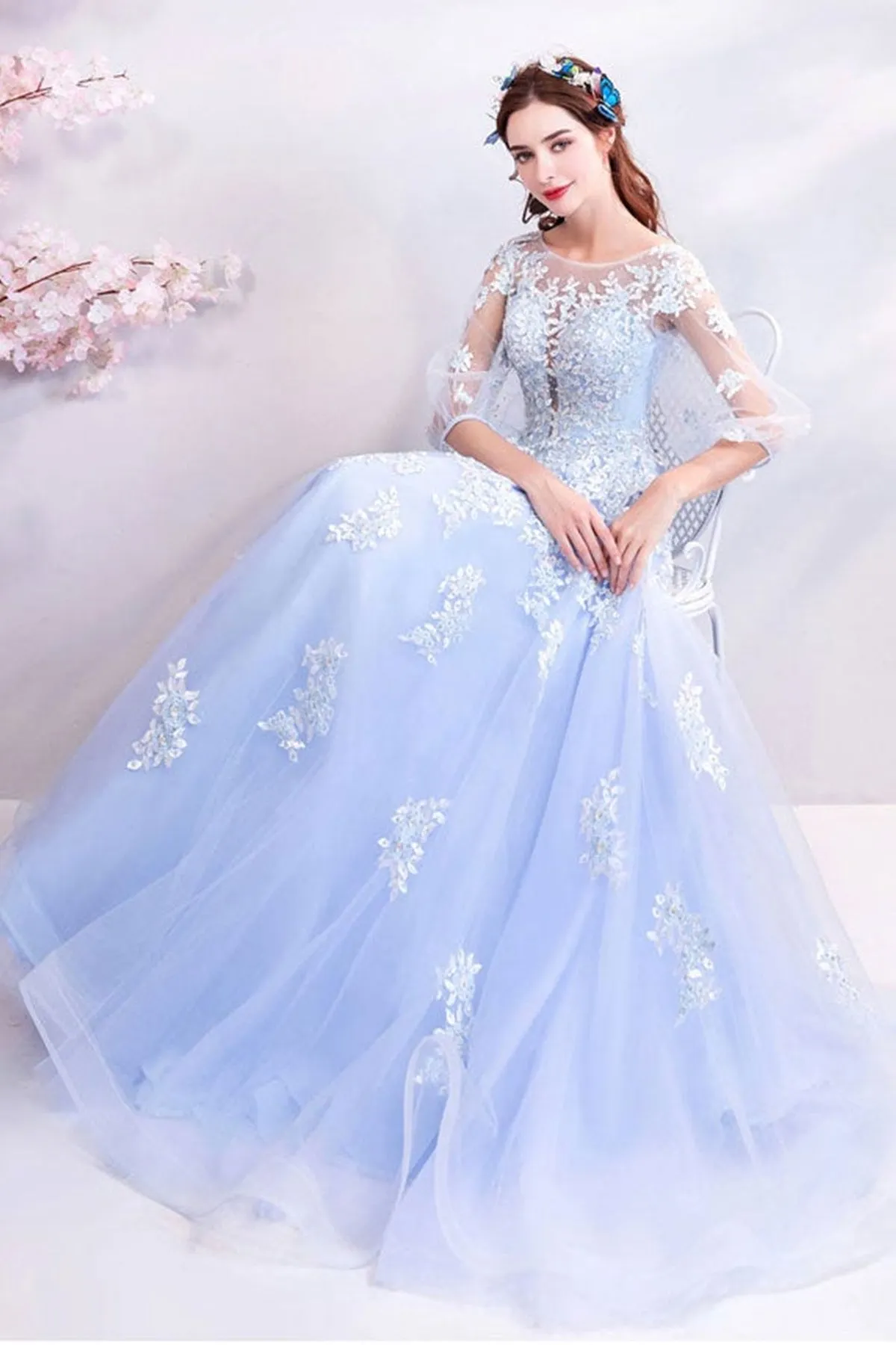 Half Sleeves Light Blue Lace Long Prom Dresses, Light Blue Tulle Lace Formal Dresses, Light Blue Evening Dresses