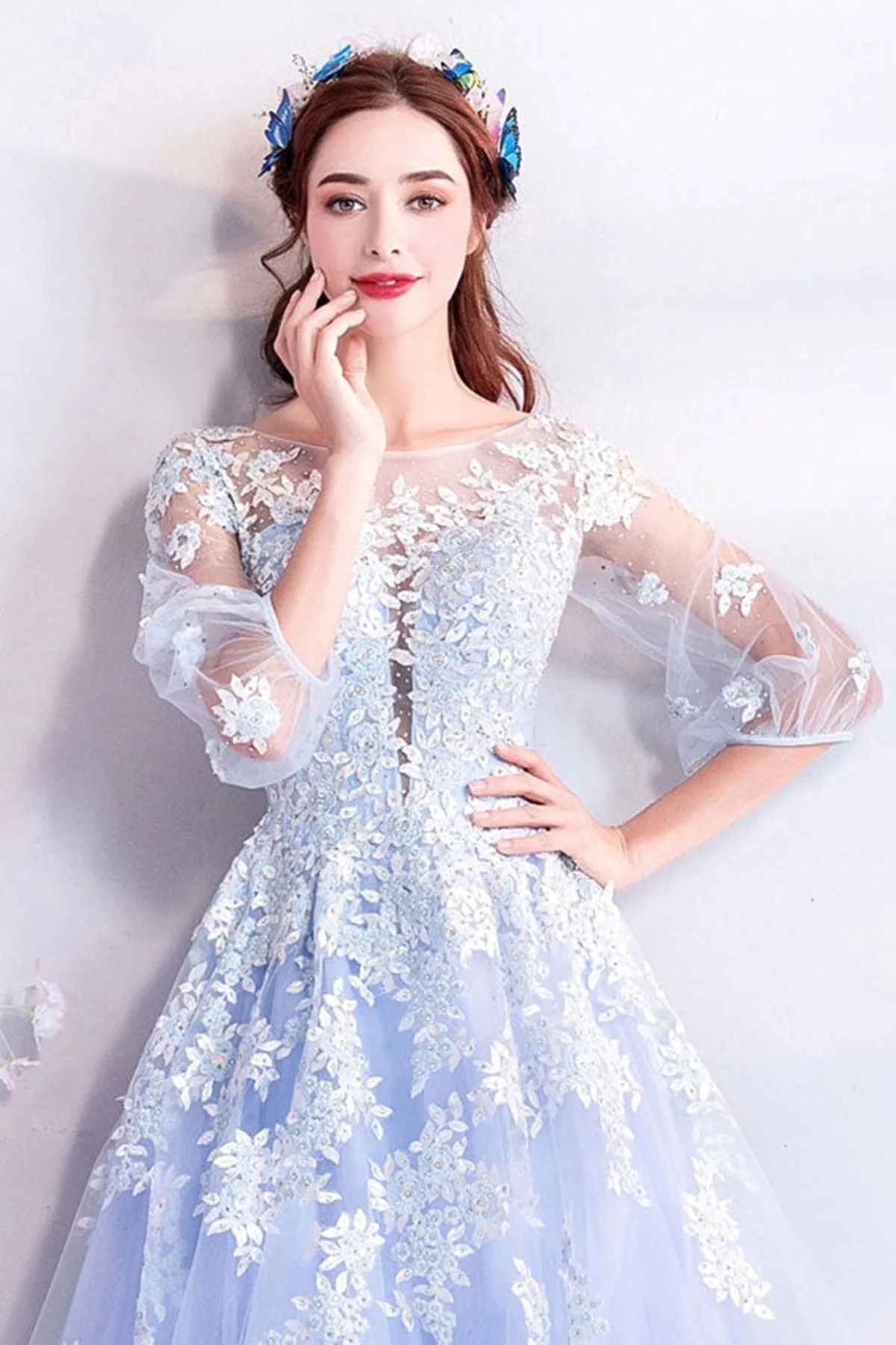 Half Sleeves Light Blue Lace Long Prom Dresses, Light Blue Tulle Lace Formal Dresses, Light Blue Evening Dresses