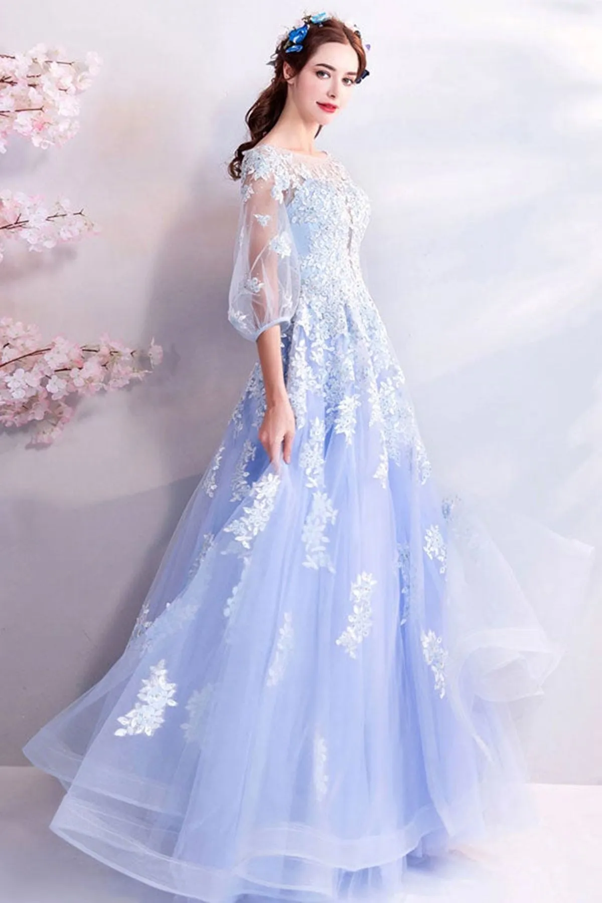 Half Sleeves Light Blue Lace Long Prom Dresses, Light Blue Tulle Lace Formal Dresses, Light Blue Evening Dresses