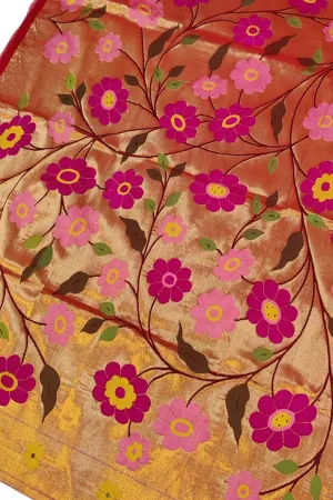 Handloom Pure Silk Brocade Paithani Blouse Fabric - Golden (1 Mtr)