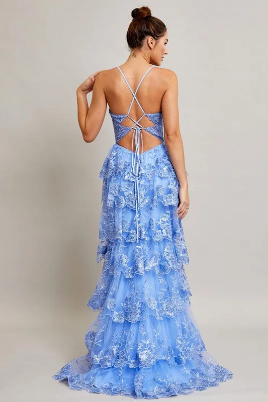 Ice Blue Sleeveless Sweetheart Bustier Corset Ruffle A Line Dress