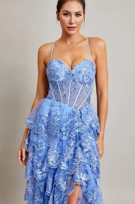 Ice Blue Sleeveless Sweetheart Bustier Corset Ruffle A Line Dress