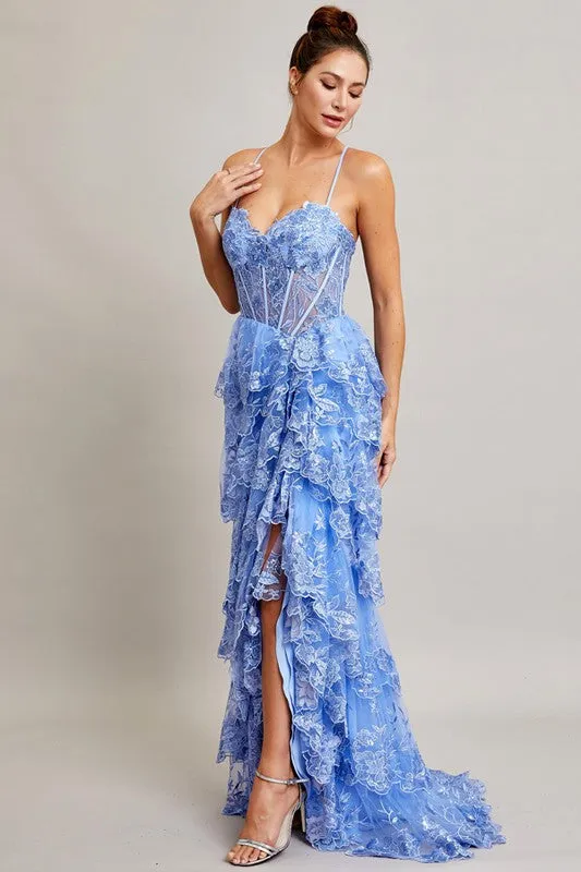 Ice Blue Sleeveless Sweetheart Bustier Corset Ruffle A Line Dress