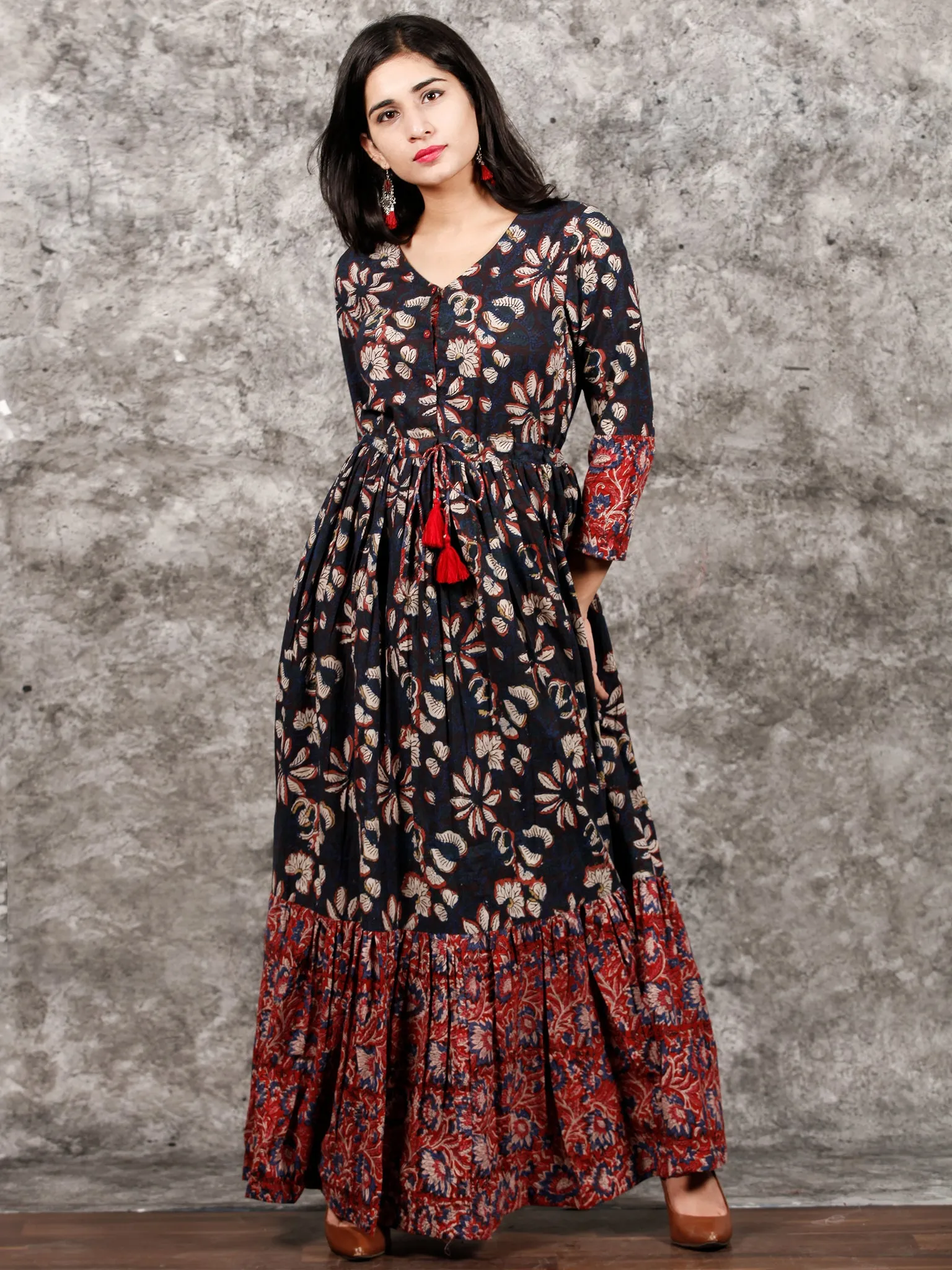 Indigo Brown Red Hand Block Printed Long Cotton Tie Up Waist Dress -  D170F1352