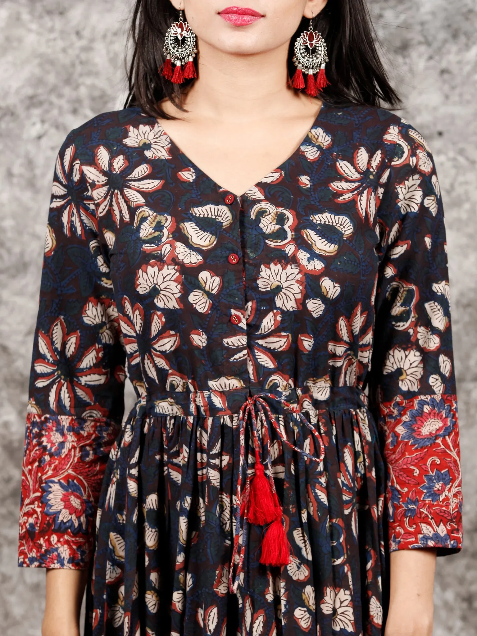 Indigo Brown Red Hand Block Printed Long Cotton Tie Up Waist Dress -  D170F1352