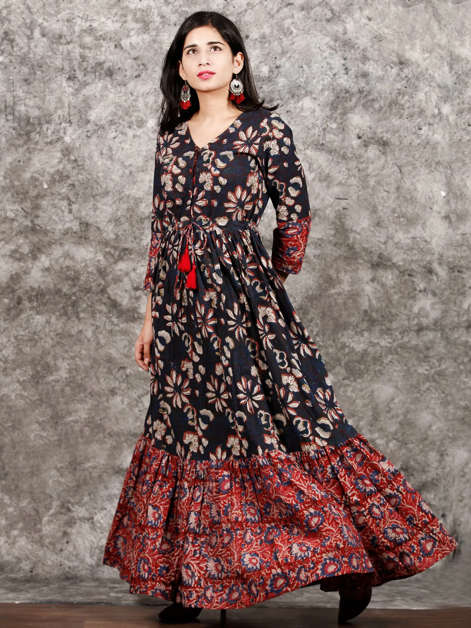 Indigo Brown Red Hand Block Printed Long Cotton Tie Up Waist Dress -  D170F1352