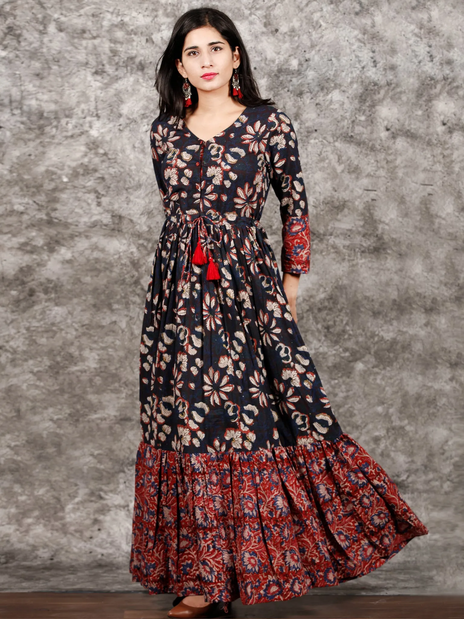 Indigo Brown Red Hand Block Printed Long Cotton Tie Up Waist Dress -  D170F1352