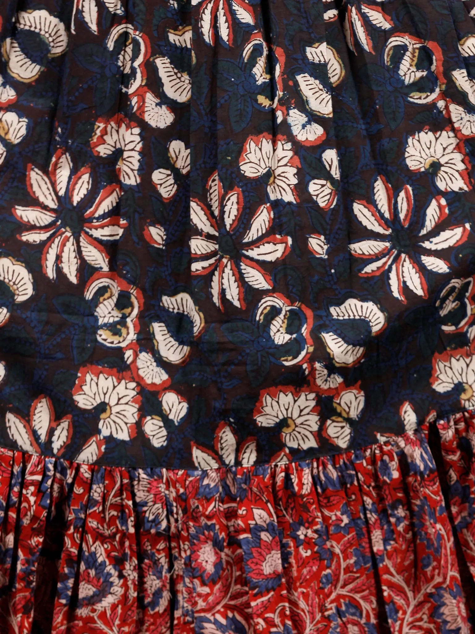 Indigo Brown Red Hand Block Printed Long Cotton Tie Up Waist Dress -  D170F1352