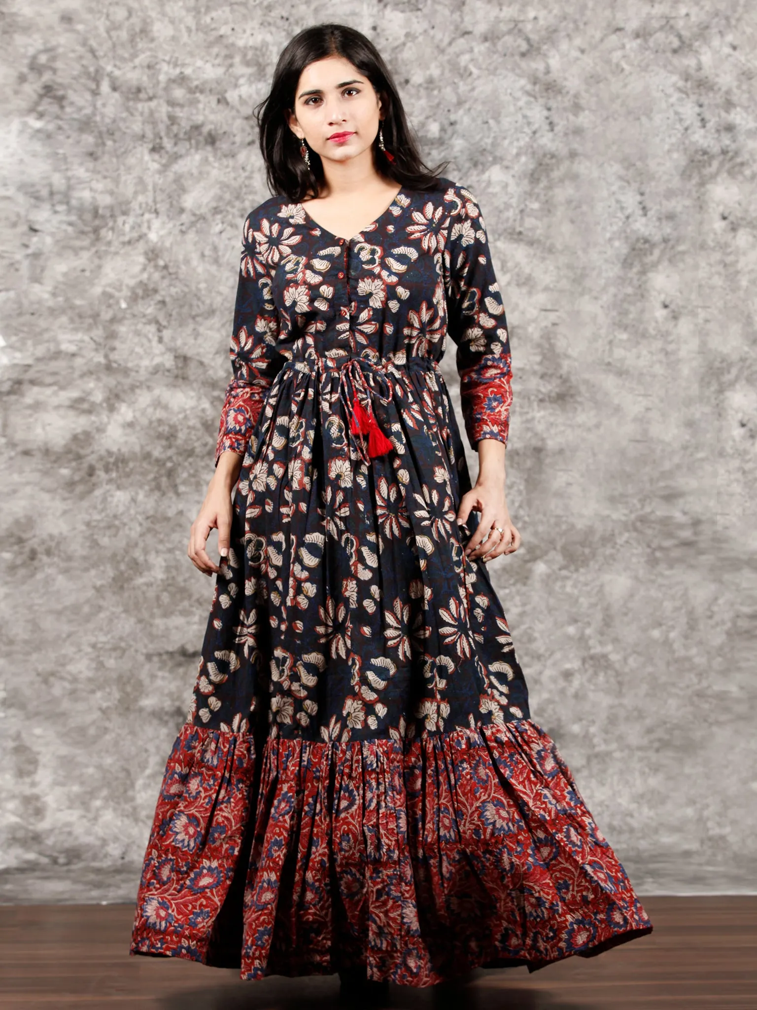 Indigo Brown Red Hand Block Printed Long Cotton Tie Up Waist Dress -  D170F1352