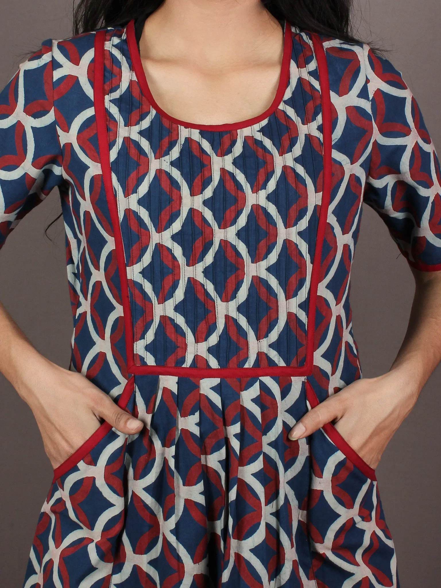 Indigo Maroon Ivory Hand Block Ajrakh Printed Cotton Knife Pleated Dress - D2347601