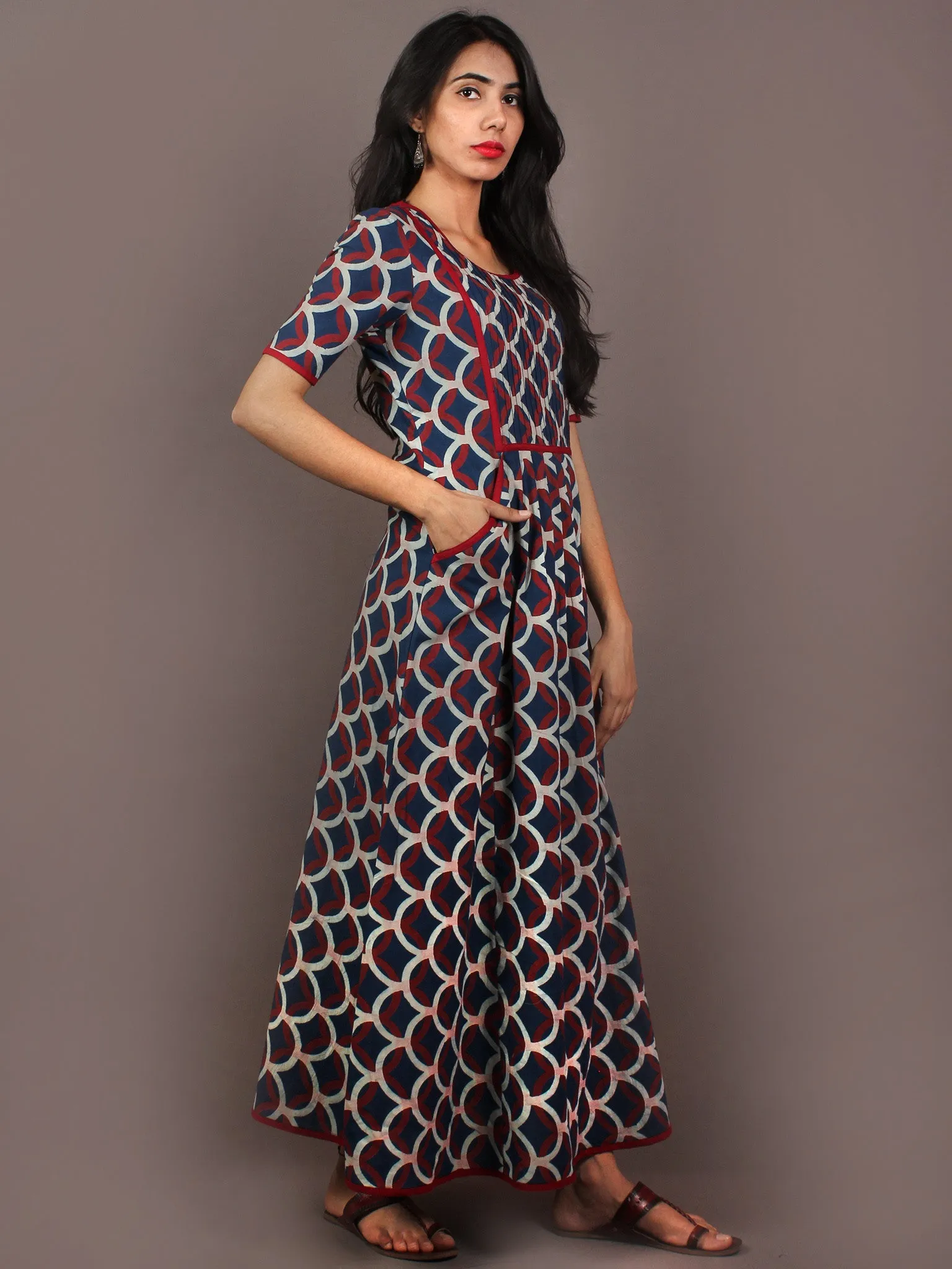 Indigo Maroon Ivory Hand Block Ajrakh Printed Cotton Knife Pleated Dress - D2347601