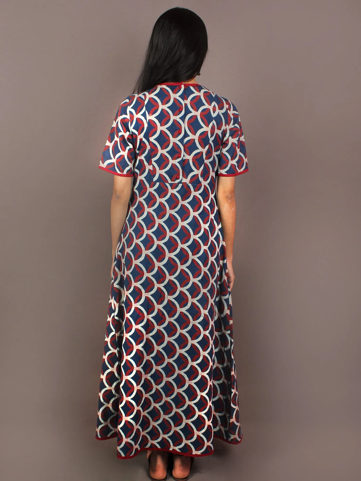Indigo Maroon Ivory Hand Block Ajrakh Printed Cotton Knife Pleated Dress - D2347601