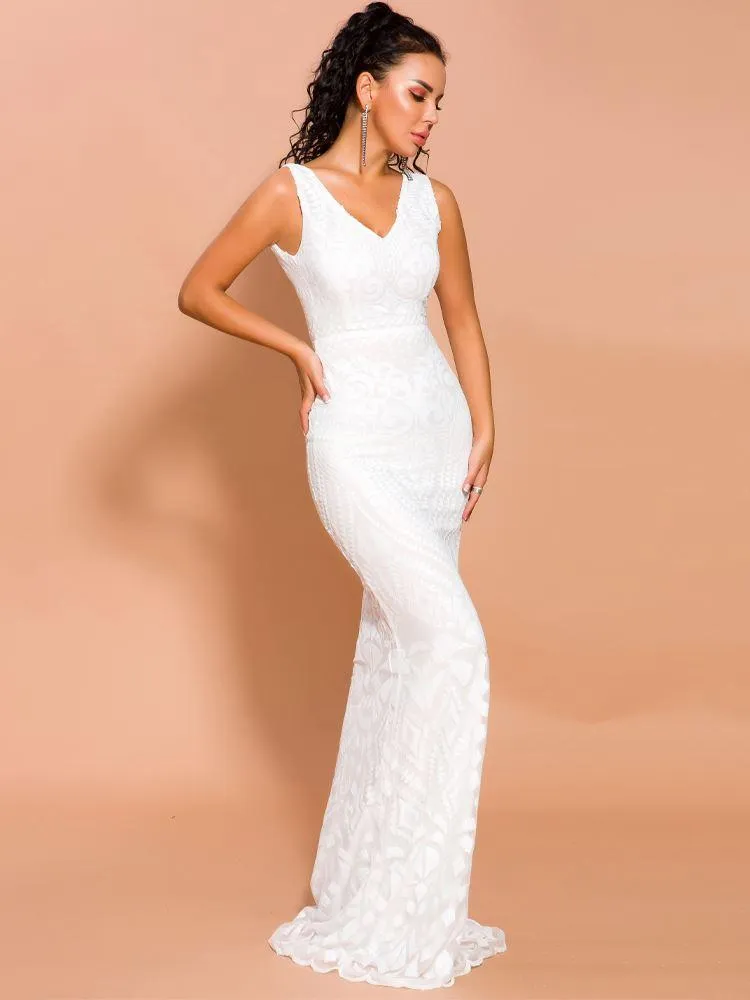 Ivory White Sequin Long Dress