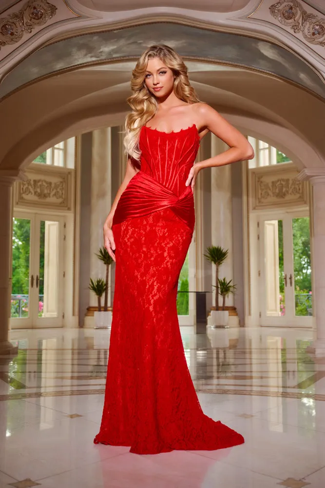 Jovani 43856 Size 6 Red/Nude Long Lace Fitted Prom Dress Scoop Neck Corset Evening Gown Pageant Formal